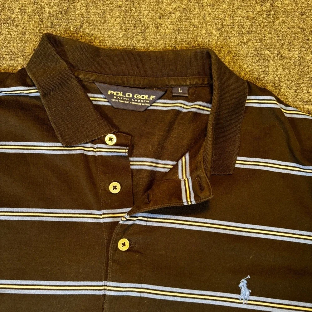 Polo Golf Ralph Lauren Mens Large Striped Short Sleeve Polo Shirt Brown Blue